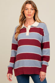 Burgundy Striped Polo Knit Maternity Sweater