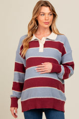 Burgundy Striped Polo Knit Maternity Sweater