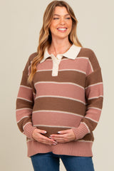 Brown Striped Polo Knit Maternity Sweater