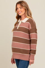 Brown Striped Polo Knit Maternity Sweater