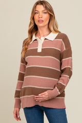 Brown Striped Polo Knit Maternity Sweater