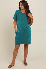 Teal Ribbed Rolled Cuff Maternity Dress