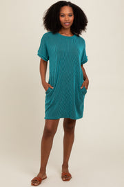 Teal Ribbed Rolled Cuff Dress