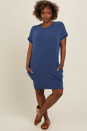 Navy Ribbed Rolled Cuff Dress