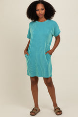 Turquoise Ribbed Rolled Cuff Maternity Dress