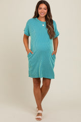 Turquoise Ribbed Rolled Cuff Maternity Dress