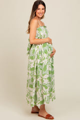 Green Floral Wave Trim Back Tie Maternity Midi Dress