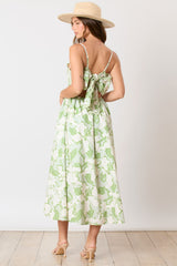 Green Floral Wave Trim Back Tie Midi Dress