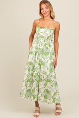 Green Floral Wave Trim Back Tie Midi Dress