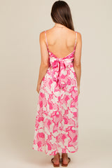 Pink Floral Wave Trim Back Tie Maternity Midi Dress