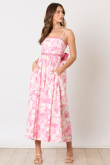 Pink Floral Wave Trim Back Tie Maternity Midi Dress