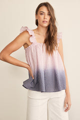 Pink Navy Ombre Plaid Ruffle Sleeve Top