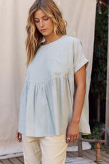 Sage Oversized Cotton Poplin Tunic Top With Ruffled Hem