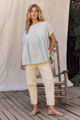 Sage Oversized Cotton Poplin Tunic Top With Ruffled Hem