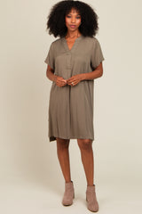 Olive V-Neck Basic Shirt Dress