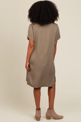 Olive V-Neck Basic Shirt Dress