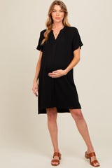 Black V-Neck Basic Maternity Shirt Dress