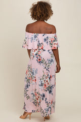 Pink Off Shoulder Floral Ruffle Maxi Dress