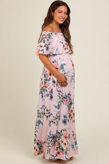 Pink Off Shoulder Floral Ruffle Maternity Maxi Dress