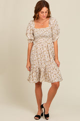 Cream Floral Smocked Puff Sleeve Maternity Dress