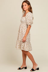 Cream Floral Smocked Puff Sleeve Dress