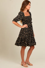 Black Floral Smocked Puff Sleeve Dress