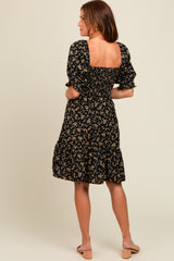 Black Floral Smocked Puff Sleeve Dress