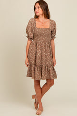 Mocha Floral Smocked Puff Sleeve Maternity Dress