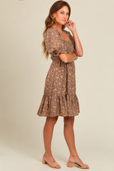 Mocha Floral Smocked Puff Sleeve Dress