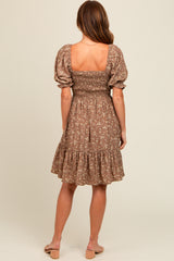 Mocha Floral Smocked Puff Sleeve Dress