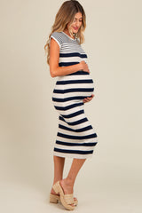 Navy Blue Mixed Striped Maternity Midi Dress