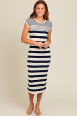 Navy Blue Mixed Striped Maternity Midi Dress