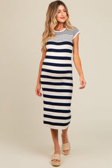 Navy Blue Mixed Striped Maternity Midi Dress