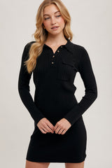 Black Ribbed Knit Henley Maternity Dress