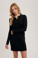 Black Ribbed Knit Henley Dress