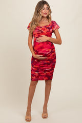 Red Floral Off Shoulder Ruched Maternity Fitted Dress