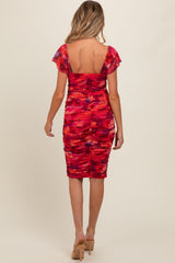 Red Floral Off Shoulder Ruched Maternity Fitted Dress