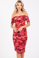 Red Floral Off Shoulder Ruched Fitted Dress