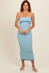 Light Blue Contrast Trim Strapless Knit Dress