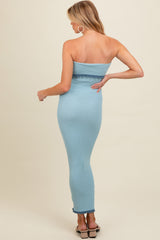 Light Blue Contrast Trim Maternity Strapless Knit Dress