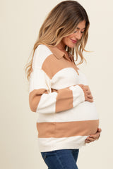 Camel Wide Stripe Polo Maternity Sweater