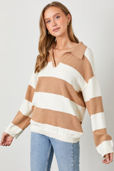 Camel Wide Stripe Polo Sweater