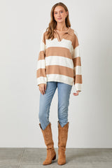 Camel Wide Stripe Polo Sweater