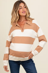 Camel Wide Stripe Polo Maternity Sweater