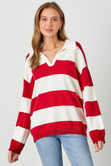 Red Wide Stripe Polo Sweater