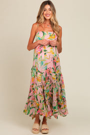 Pink Floral Tiered Ruffle Hem Maternity Maxi Dress