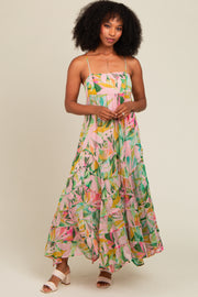 Pink Floral Tiered Ruffle Hem Maxi Dress