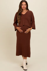 Brown Textured Knit Top And Midi Skirt Maternity Set