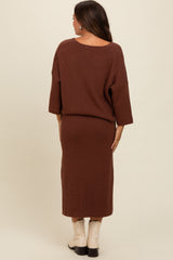 Brown Textured Knit Top And Midi Skirt Maternity Set