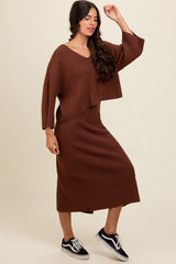 Brown Textured Knit Top And Midi Skirt Set